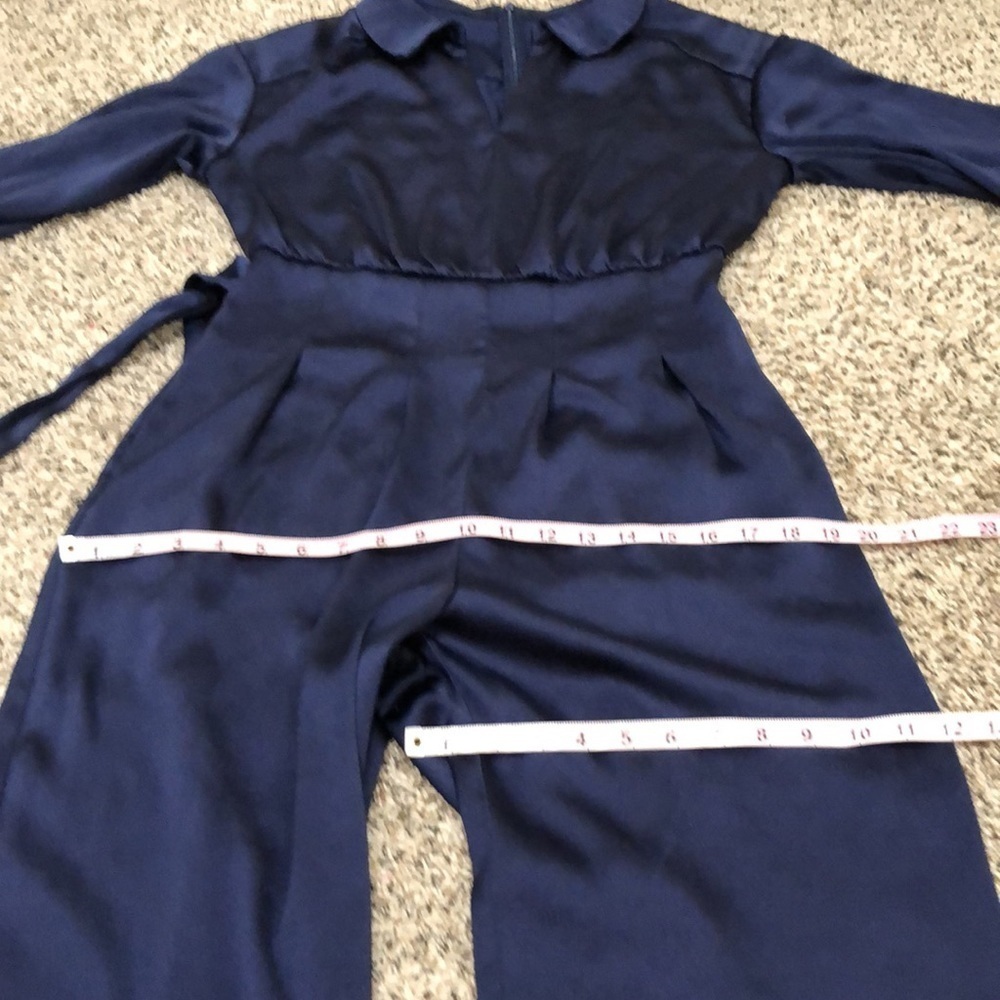 Three Floor Brigitte Jumpsuit Size US 6 Small Navy Blue Satin Ruffle Bell Sleeve - Picture 8 of 11